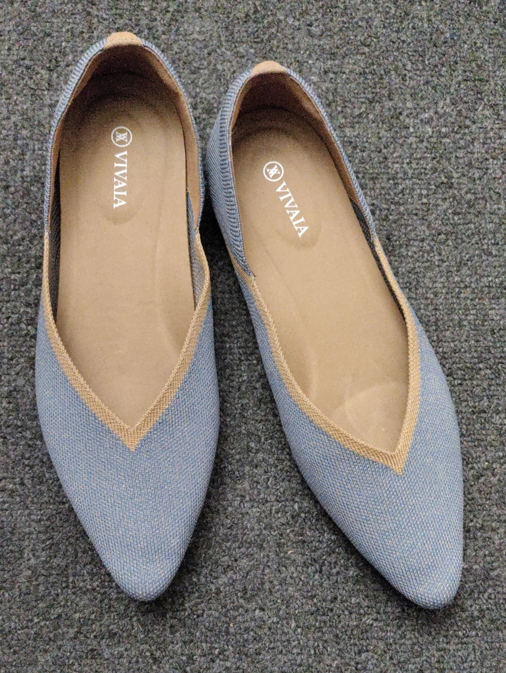 Viviana Pointed Flats in Light Blue with Tan Trim